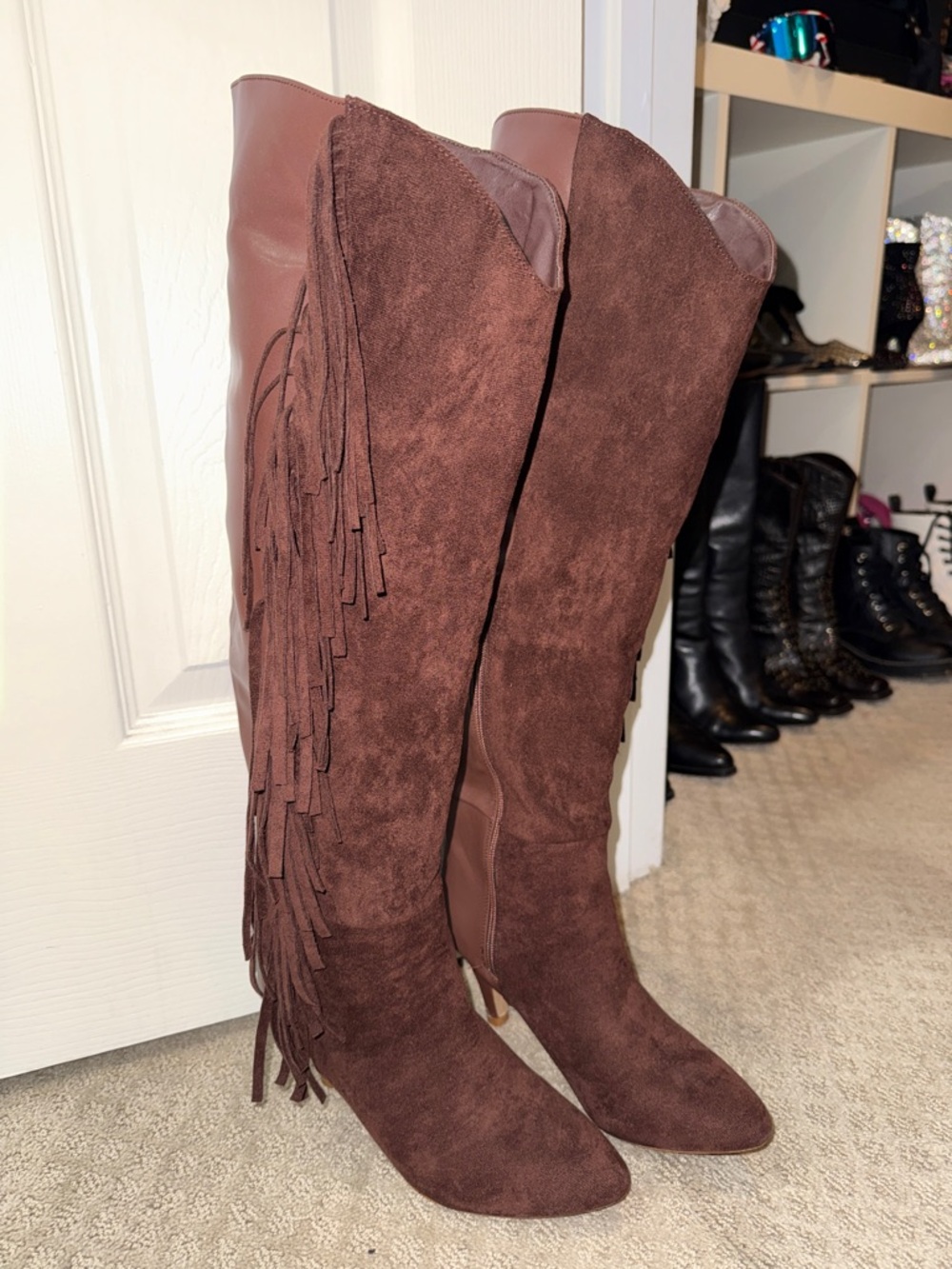 VENUS Brown Suede Over-the-Knee Fringe Boots